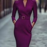 Nora | Raffiniertes schwarzes Kleid mit Gürtel und Stehkragen