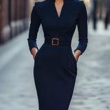 Nora | Raffiniertes schwarzes Kleid mit Gürtel und Stehkragen