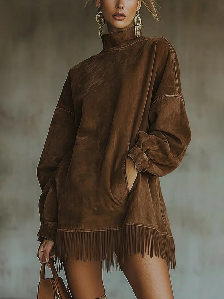 Greta™ | Velourskleid mit hohem Kragen und Fransen