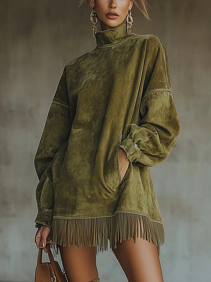 Greta™ | Velourskleid mit hohem Kragen und Fransen