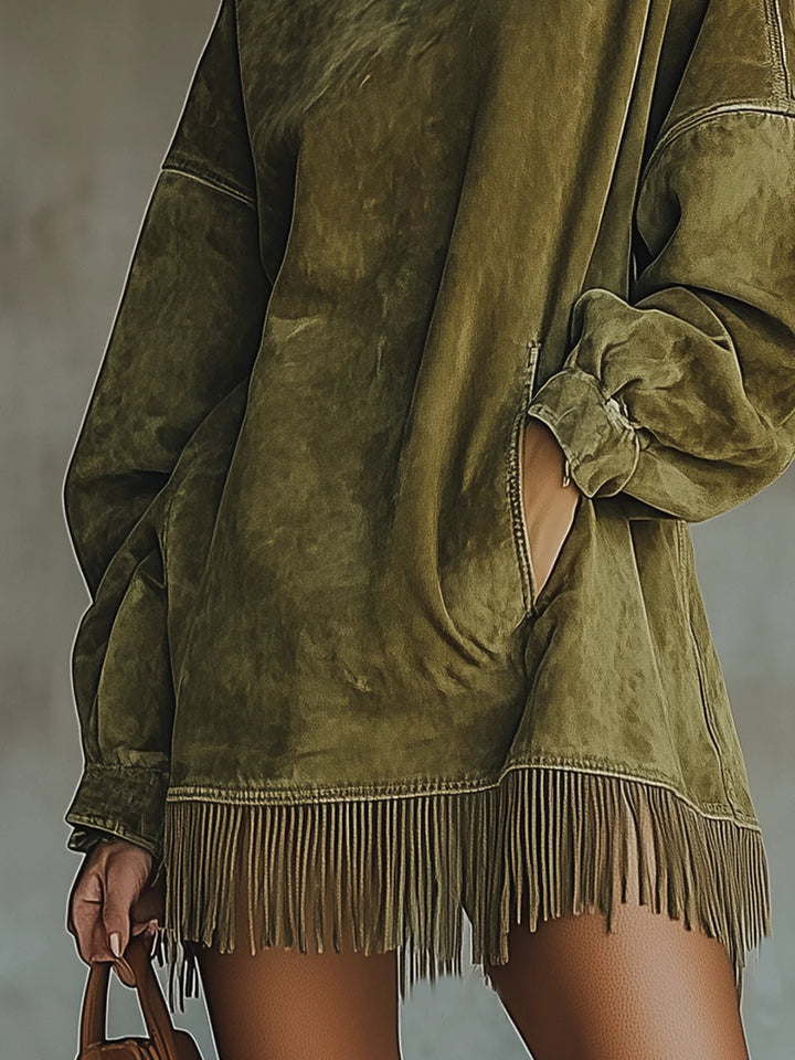 Greta™ | Velourskleid mit hohem Kragen und Fransen