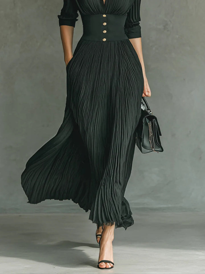 Elvira™ | Plissiertes Maxikleid mit Reverskragen und hoher Taille