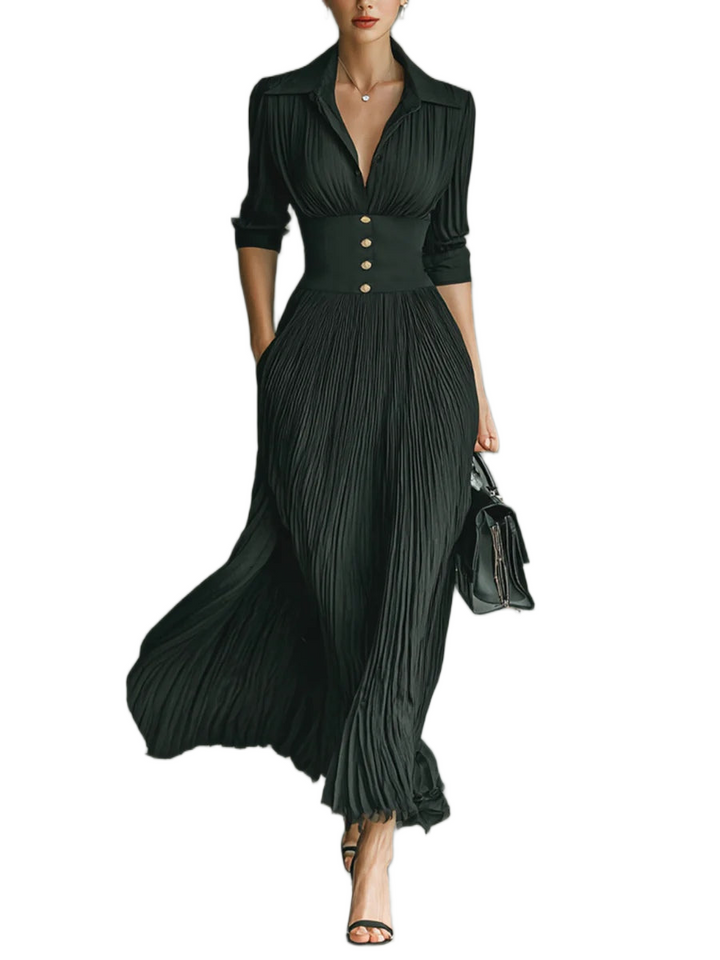 Elvira™ | Plissiertes Maxikleid mit Reverskragen und hoher Taille
