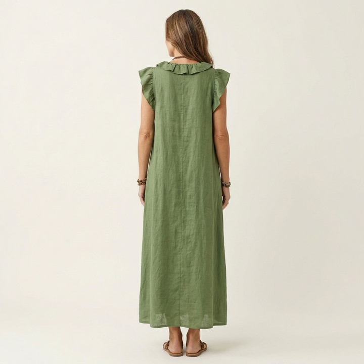 Anita – Langes Kleid mit V-Ausschnitt und Rüschen