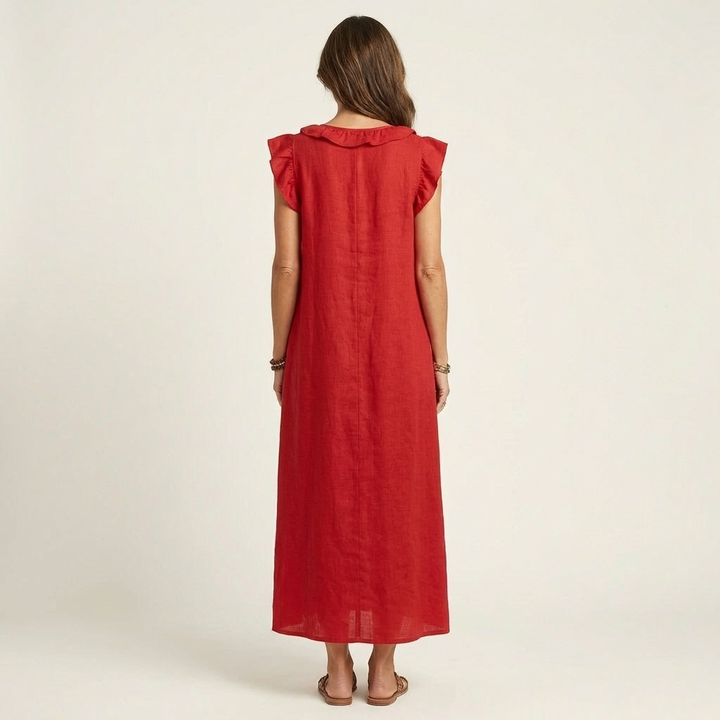 Anita – Langes Kleid mit V-Ausschnitt und Rüschen