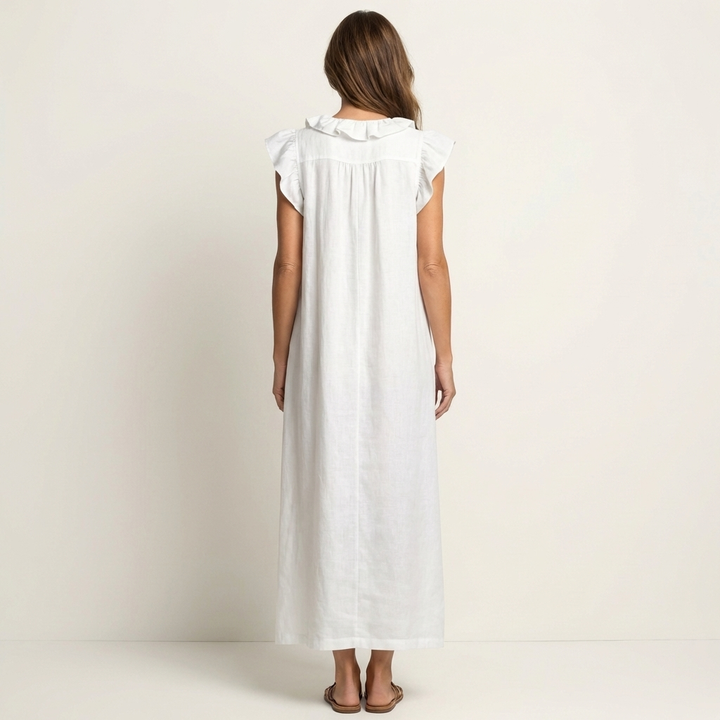 Anita – Langes Kleid mit V-Ausschnitt und Rüschen