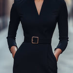 Nora | Raffiniertes schwarzes Kleid mit Gürtel und Stehkragen