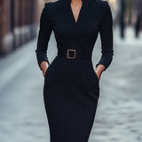 Nora | Raffiniertes schwarzes Kleid mit Gürtel und Stehkragen