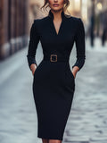 Nora | Raffiniertes schwarzes Kleid mit Gürtel und Stehkragen