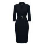 Nora | Raffiniertes schwarzes Kleid mit Gürtel und Stehkragen