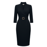 Nora | Raffiniertes schwarzes Kleid mit Gürtel und Stehkragen