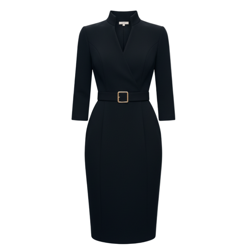 Nora | Raffiniertes schwarzes Kleid mit Gürtel und Stehkragen
