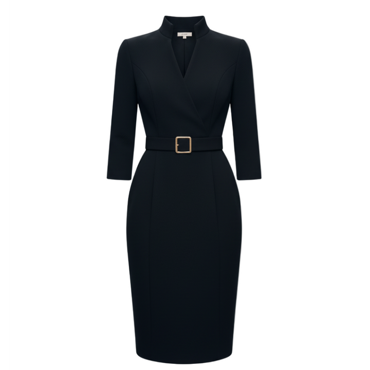 Nora | Raffiniertes schwarzes Kleid mit Gürtel und Stehkragen